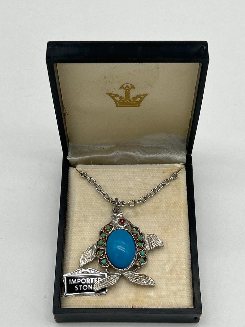 Vintage Blue Stone Turtle Pendant Necklace Original Box Imported Stone Retro